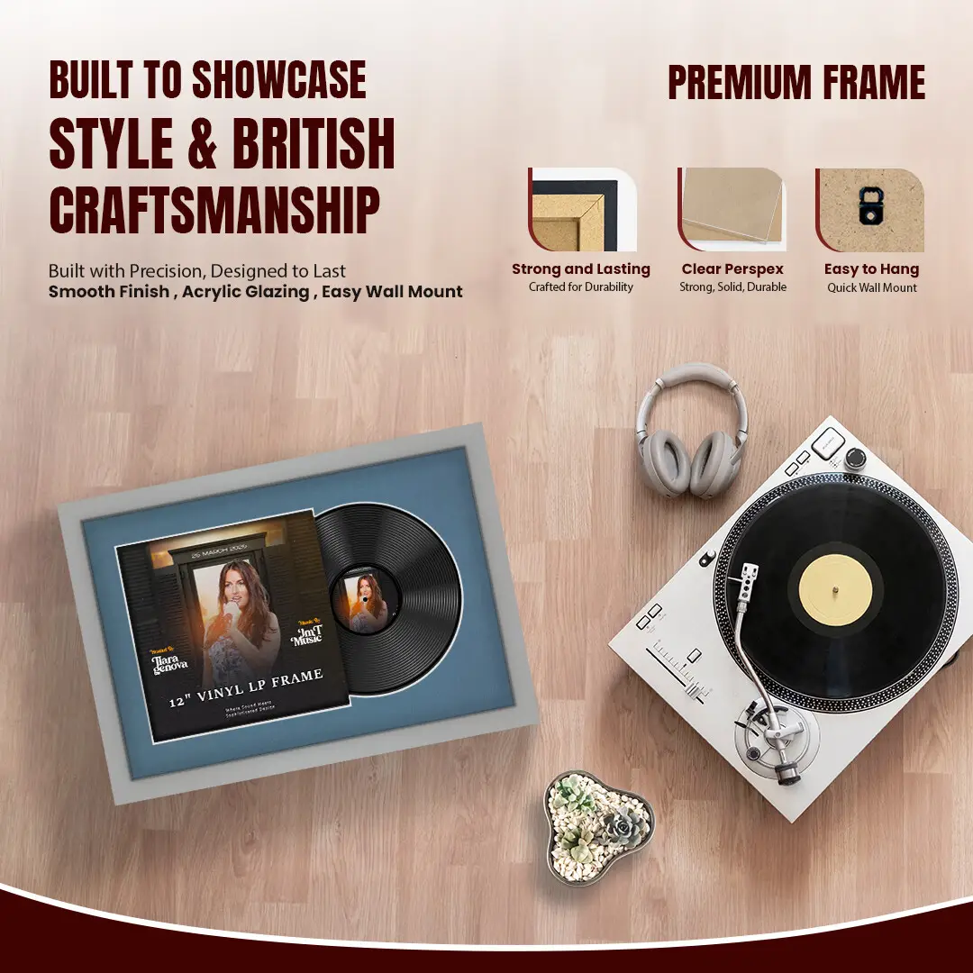 25x17" Modern Light Grey Vinyl Record Frame For LP Cover & Disc With Pompador Mount | Overlapped Display thumbnail 2