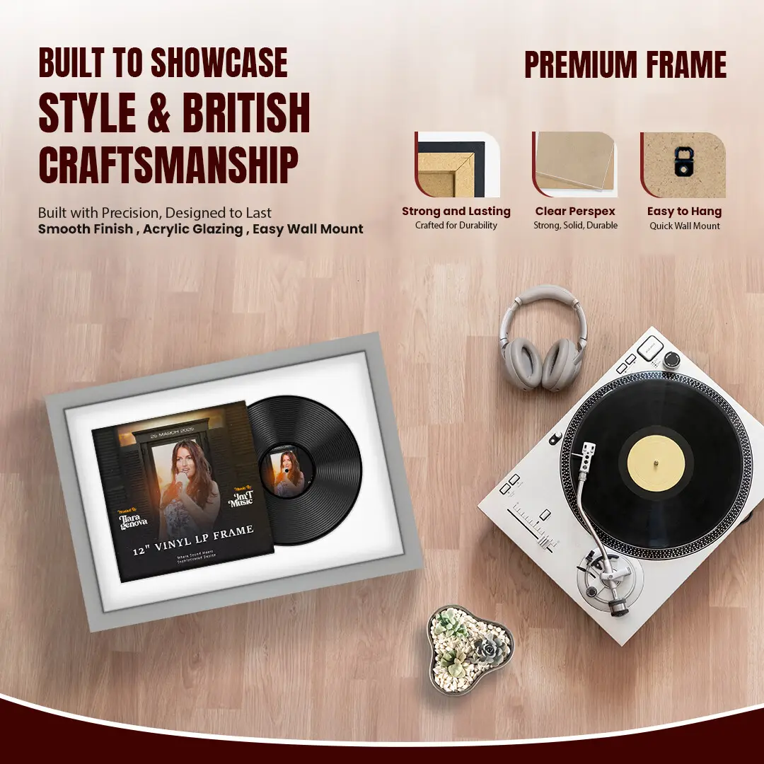 25x17" Modern Light Grey Vinyl Record Frame For 12 Inch LP Cover & Disc With Ice White Mount | Overlapped Vinyl Display thumbnail 2