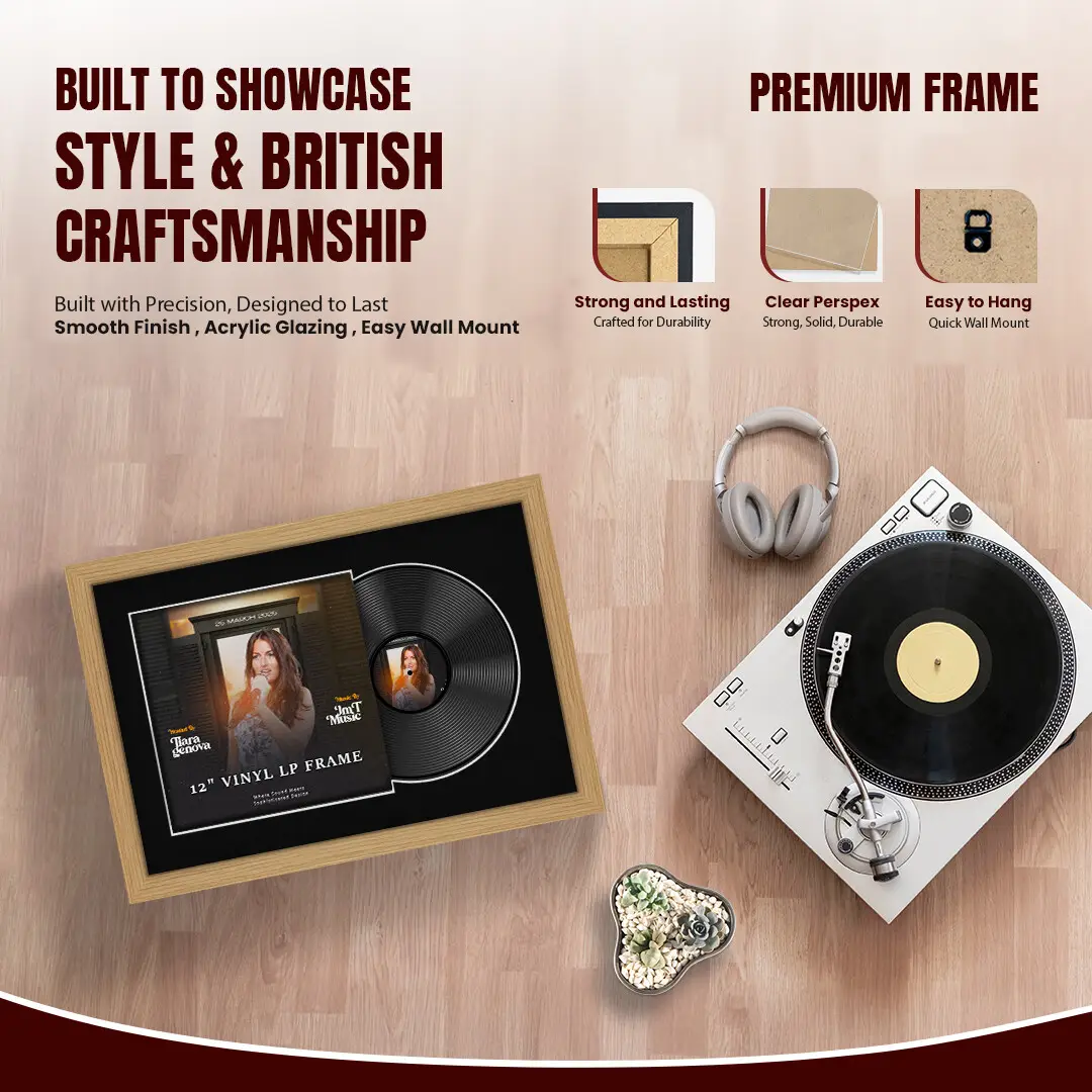 25x17" Modern Light Oak Vinyl Record Frame For 12 Inch LP Cover & Disc (Overlapped) With Black Mount | Elegant Music Display thumbnail 2