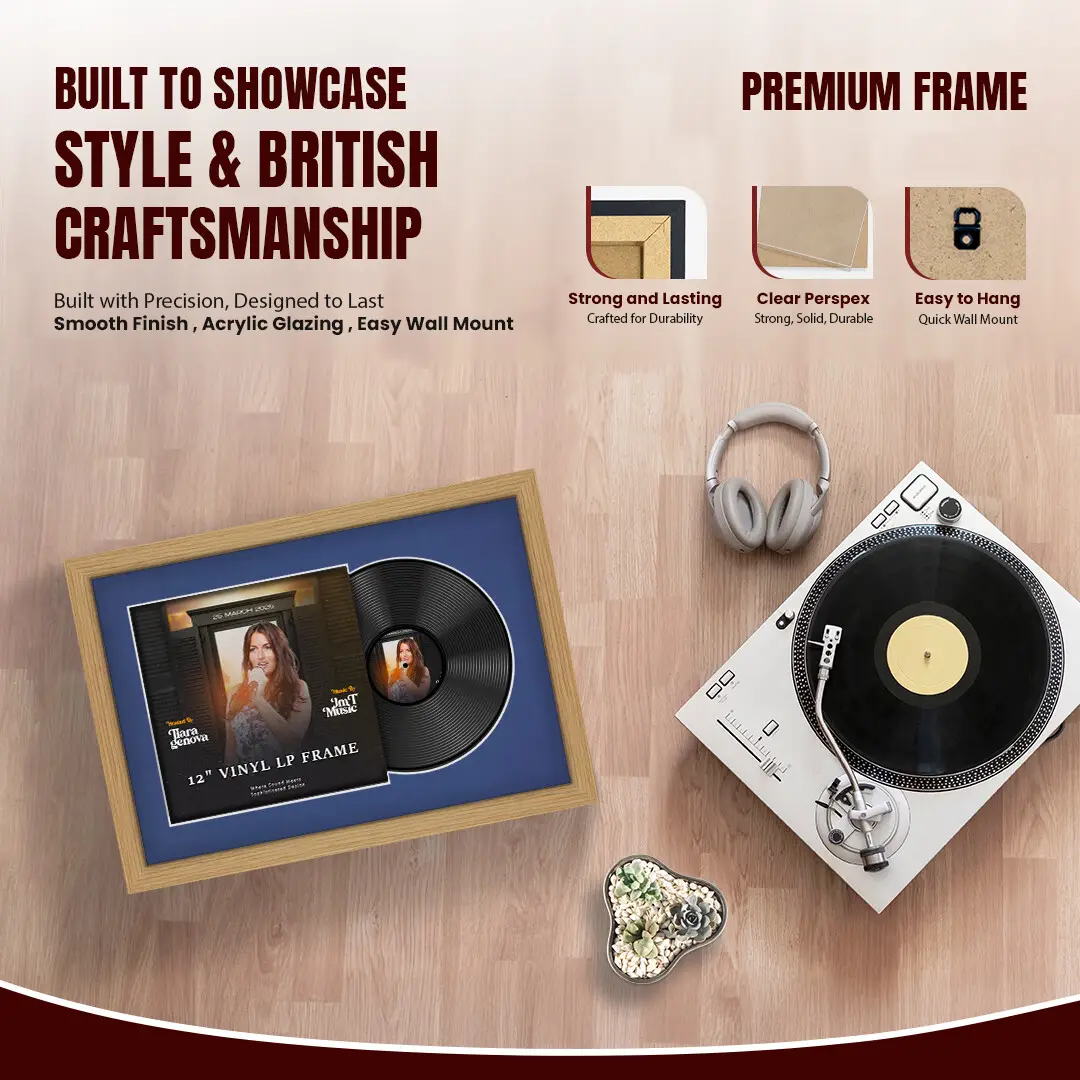 25x17" Modern Light Oak Vinyl Record Frame For LP Cover & Disc With Blue Mount | Overlapped Display thumbnail 2