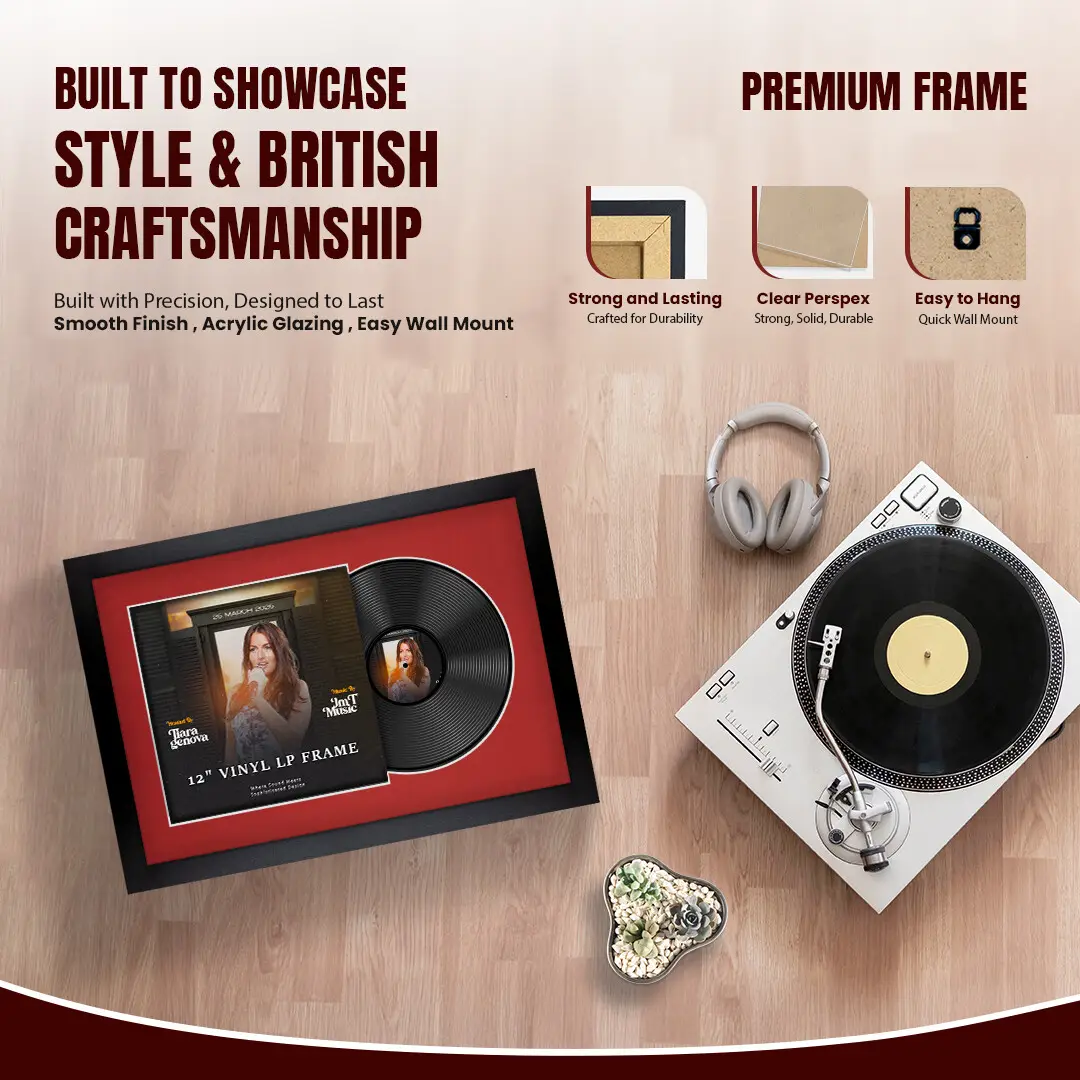 25x17" Modern Mat Black Vinyl Record Frame For LP Cover & Disc With Crimson Mount | Overlapped Display thumbnail 2