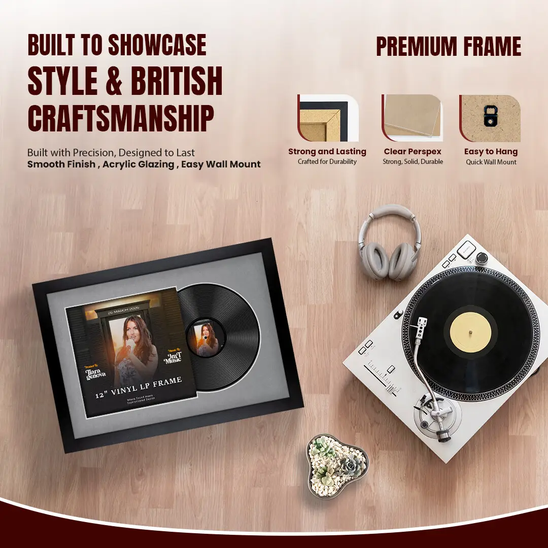 25x17" Modern Matte Black Vinyl Record Frame For 12 Inch LP Cover & Disc With Mid Grey Mount | Overlapped Vinyl Display thumbnail 2