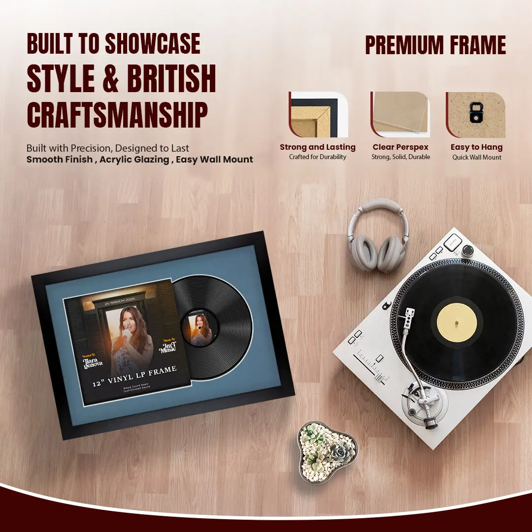 25x17" Modern Matte Black Vinyl Record Frame For 12 Inch LP Cover & Disc With Pompador Mount | Overlapped Vinyl Display thumbnail 2