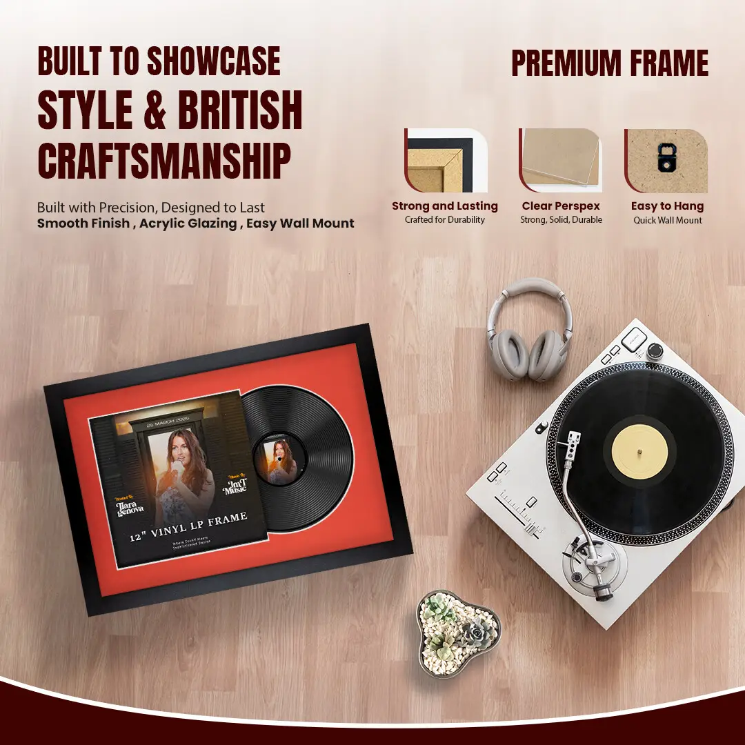 25x17" Modern Matte Black Vinyl Record Frame For 12 Inch LP Cover & Disc With Poppy Red Mount | Overlapped Vinyl Display thumbnail 2