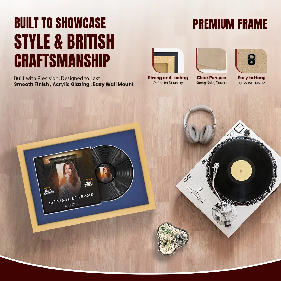 25x17" Modern Mustard Yellow Vinyl Record Frame For LP Cover & Disc With Blue Mount | Overlapped Display thumbnail 2