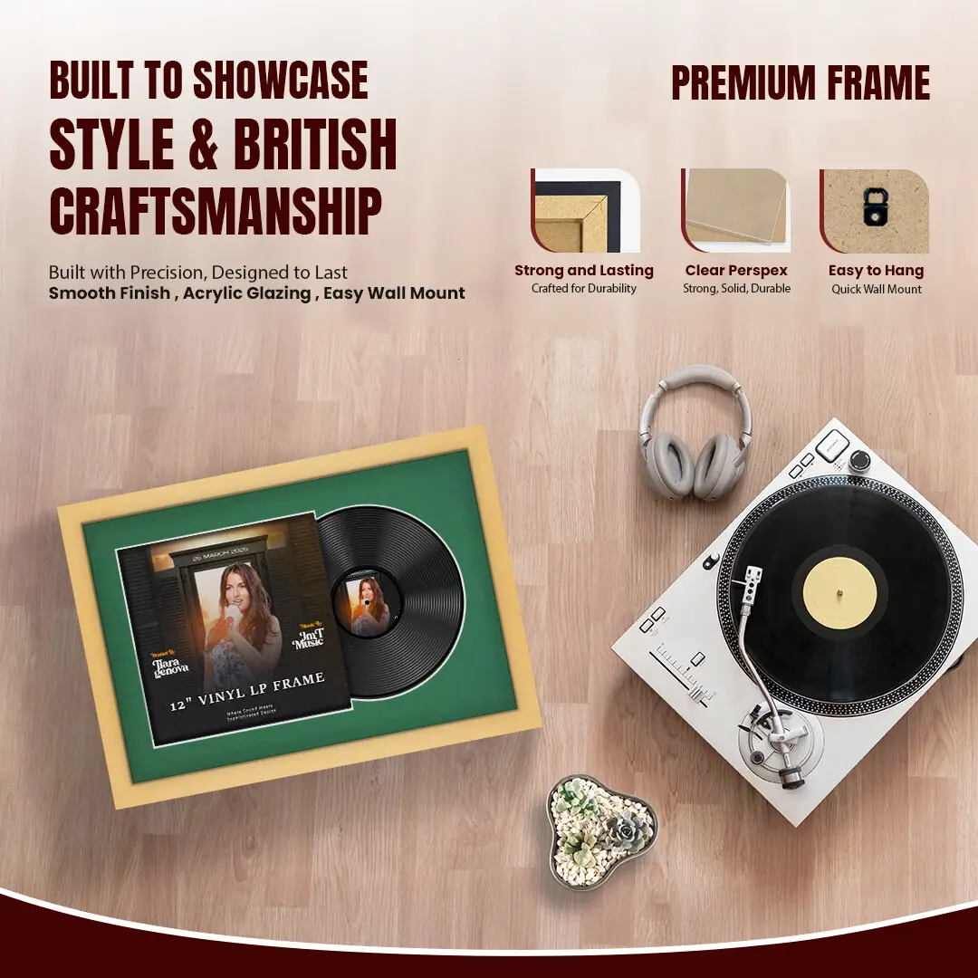 25x17" Modern Mustard Yellow Vinyl Record Frame For LP Cover & Disc With Emerald (Green) Mount | Overlapped Display thumbnail 2