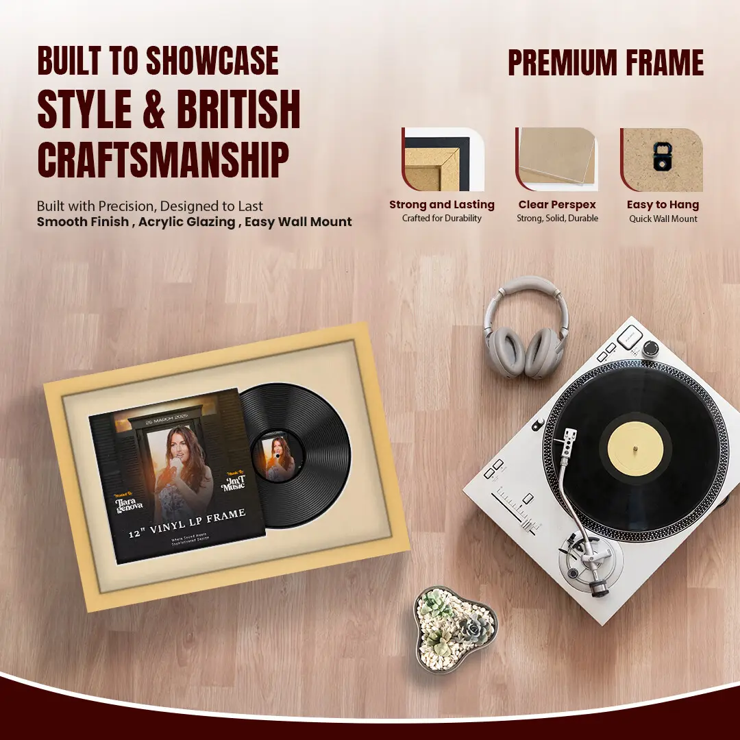 25x17" Modern Mustard Yellow Vinyl Record Frame For 12 Inch LP Cover & Disc (Overlapped) With Ivory Mount | Elegant Music Display thumbnail 2