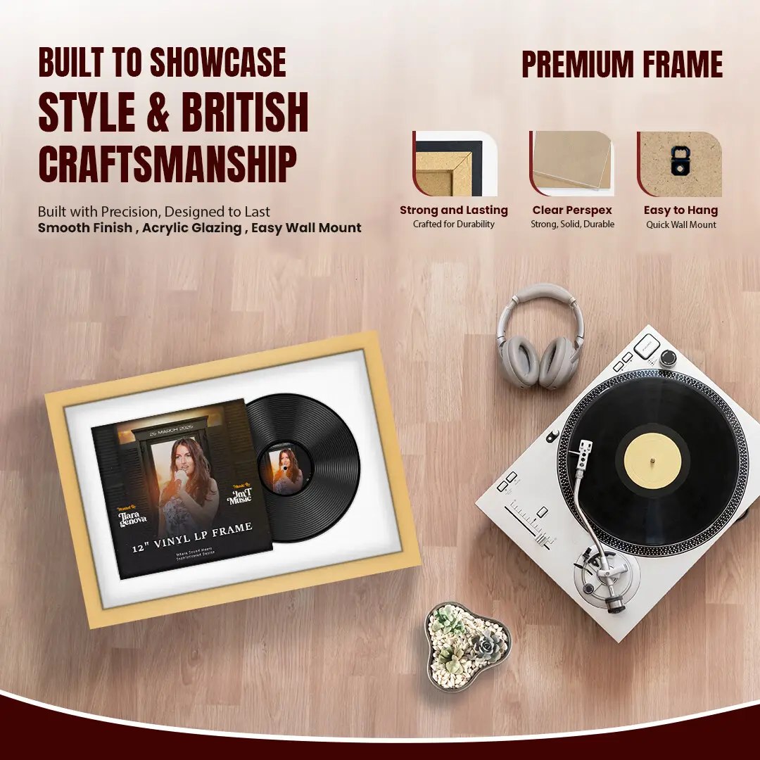 25x17" Modern Mustard Yellow Vinyl Record Frame For LP Cover & Disc With Ice White Mount | Overlapped Display thumbnail 2