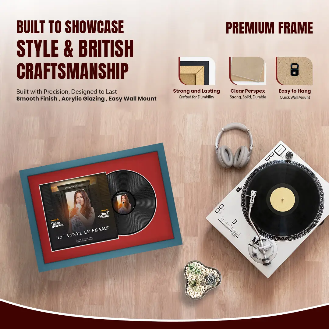 25x17" Modern Navy Blue Vinyl Record Frame For 12 Inch LP Cover & Disc (Overlapped) With Crimson Mount | Elegant Music Display thumbnail 2