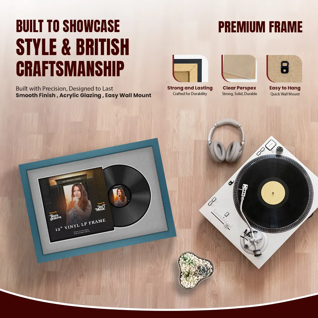 25x17" Modern Navy Blue Vinyl Record Frame For 12 Inch LP Cover & Disc (Overlapped) With Silver Mount | Elegant Music Display thumbnail 2