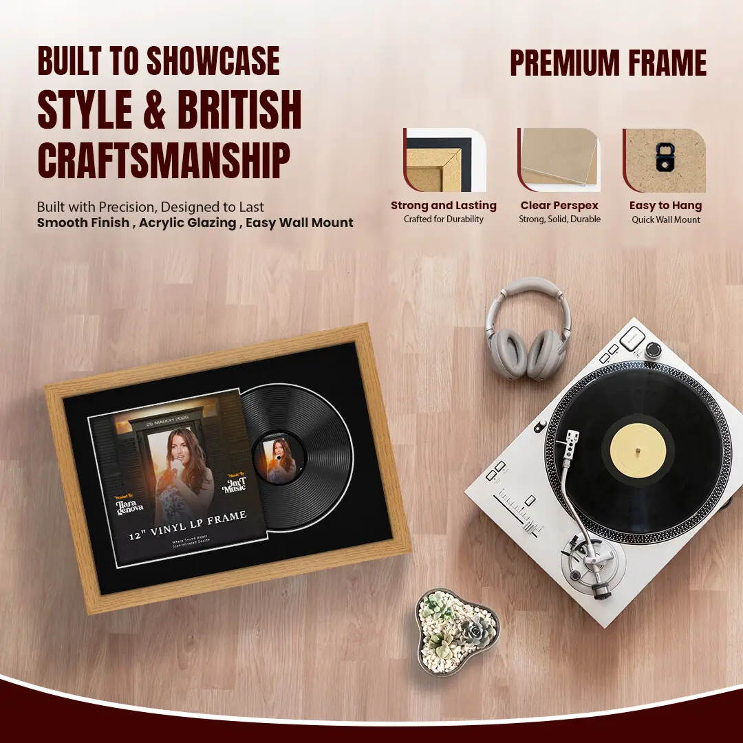 25x17" Modern Oak Vinyl Record Frame For 12 Inch LP Cover & Disc (Overlapped) With Black Mount | Elegant Music Display thumbnail 2