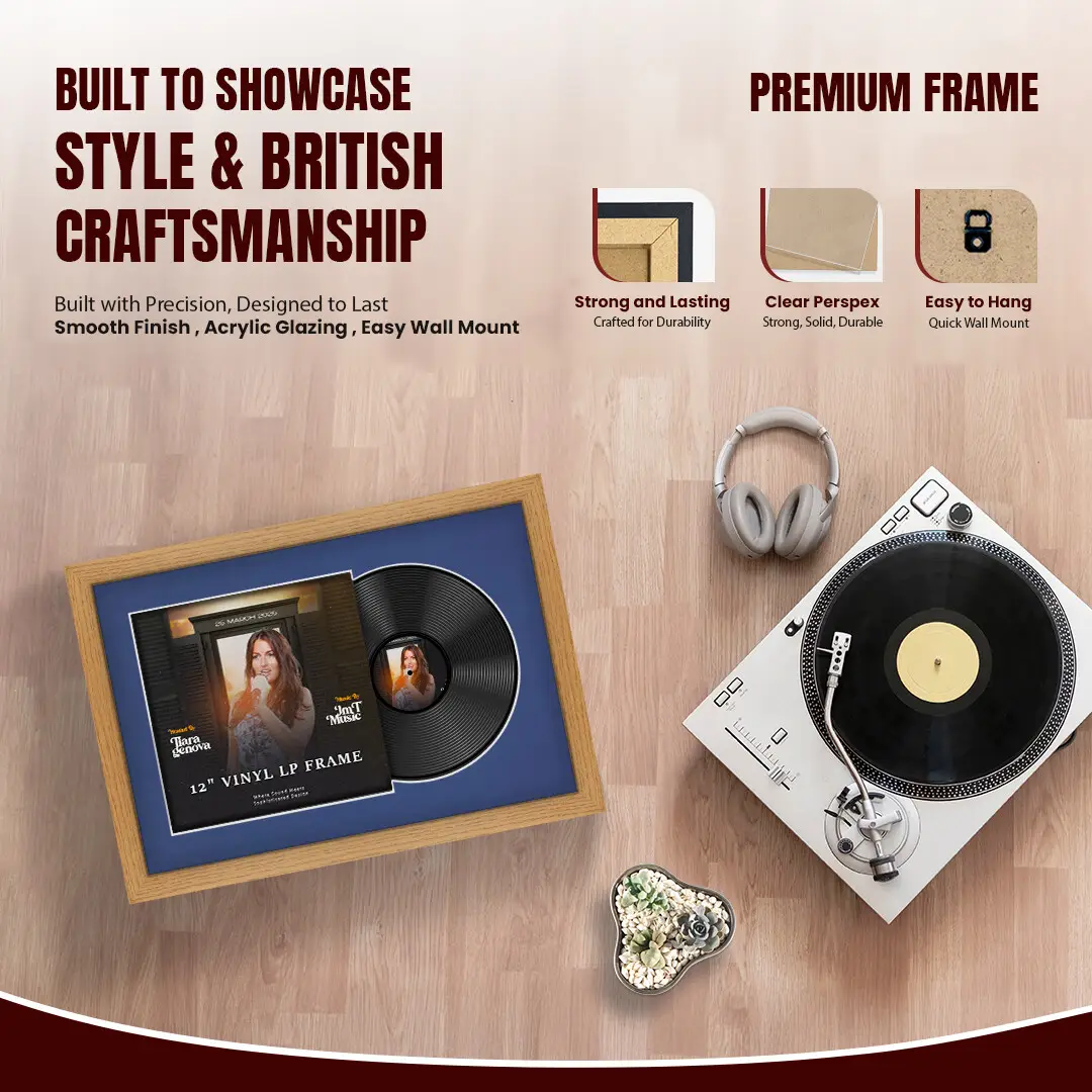 25x17" Modern Oak Vinyl Record Frame For 12 Inch LP Cover & Disc With Blue Mount | Overlapped Vinyl Display thumbnail 2