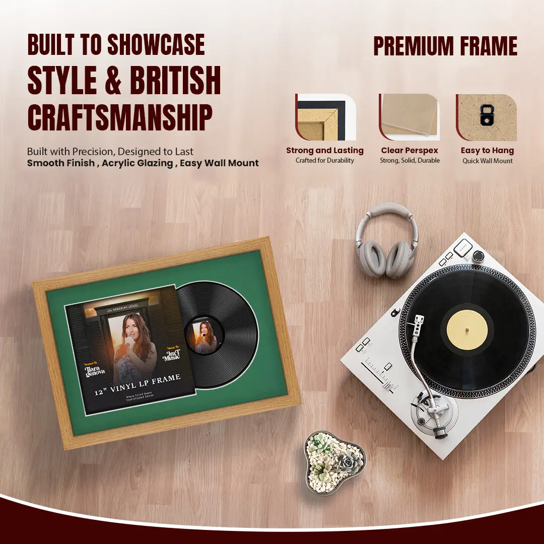 25x17" Modern Oak Vinyl Record Frame For 12 Inch LP Cover & Disc (Overlapped) With Emerald (Green) Mount | Elegant Music Display thumbnail 2