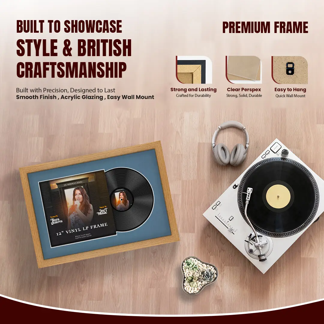25x17" Modern Oak Vinyl Record Frame For LP Cover & Disc With Pompador Mount | Overlapped Display thumbnail 2