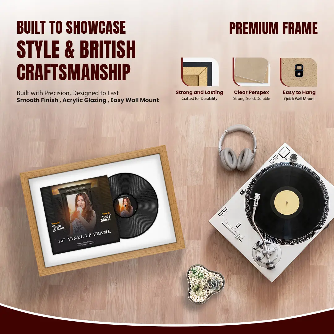 25x17" Modern Oak Vinyl Record Frame For 12 Inch LP Cover & Disc (Overlapped) With Ice White Mount | Elegant Music Display thumbnail 2
