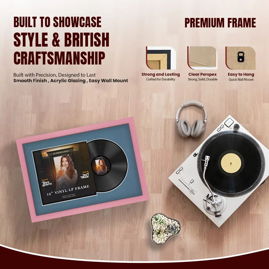 25x17" Modern Pastel Pink Vinyl Record Frame For LP Cover & Disc With Pompador Mount | Overlapped Display thumbnail 2