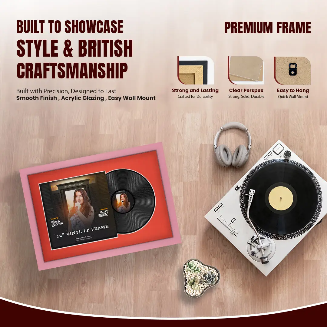25x17" Modern Pastel Pink Vinyl Record Frame For LP Cover & Disc With Poppy Red Mount | Overlapped Display thumbnail 2