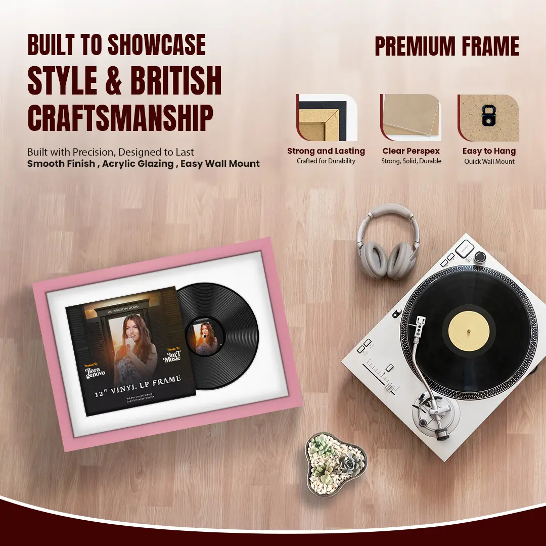 25x17" Modern Pastel Pink Vinyl Record Frame For LP Cover & Disc With Ice White Mount | Overlapped Display thumbnail 2