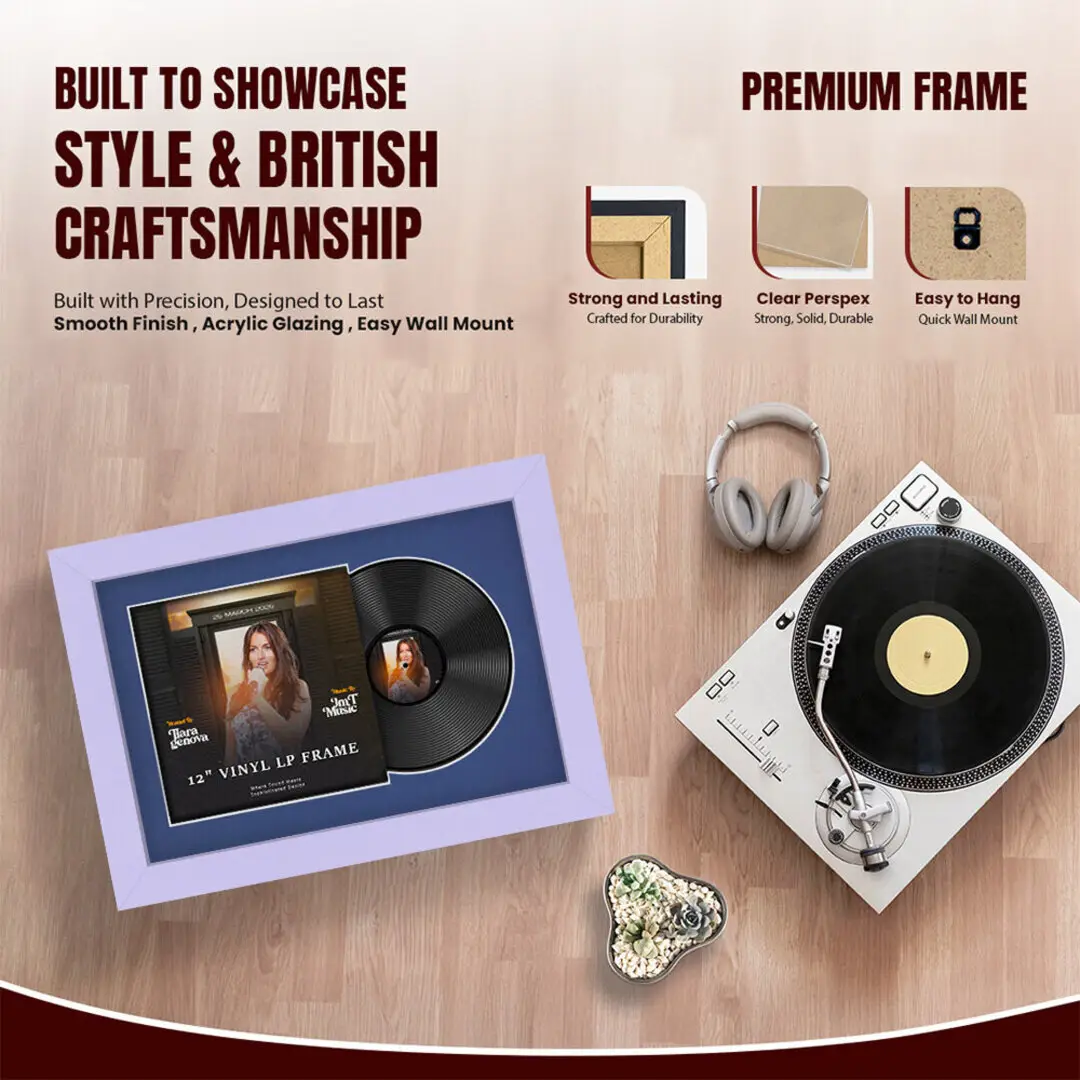 25x17" Modern Purple Vinyl Record Frame For 12 Inch LP Cover & Disc (Overlapped) With Blue Mount | Elegant Music Display thumbnail 2