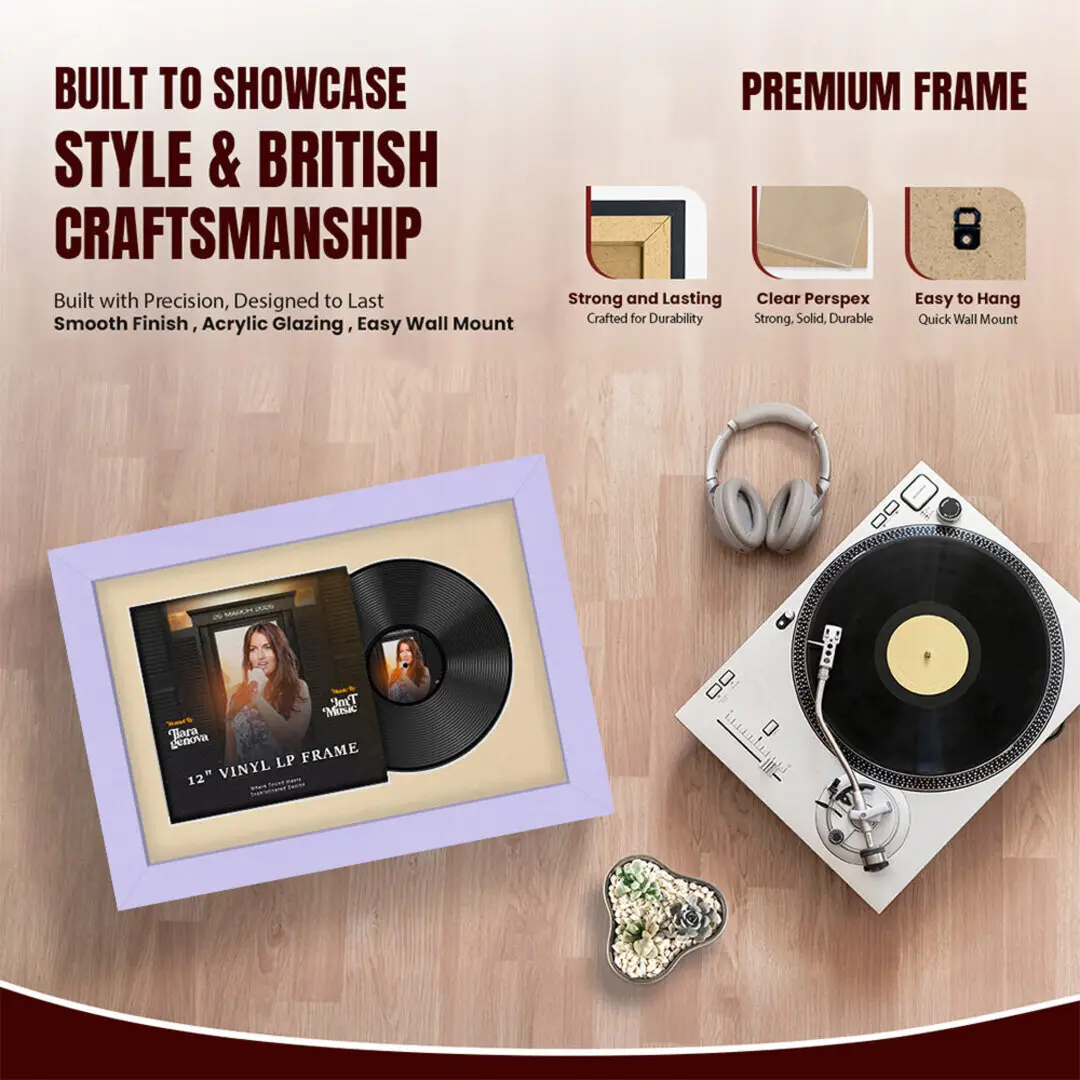 25x17" Modern Purple Vinyl Record Frame For 12 Inch LP Cover & Disc (Overlapped) With Ivory Mount | Elegant Music Display thumbnail 2