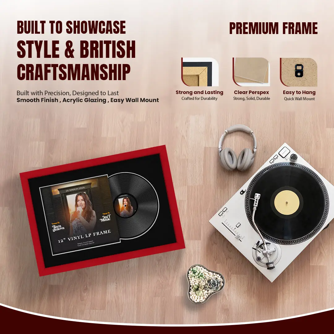 25x17" Modern Vinyl Record Frame For LP Cover & Disc With Poppy Red Mount | Overlapped Display thumbnail 2