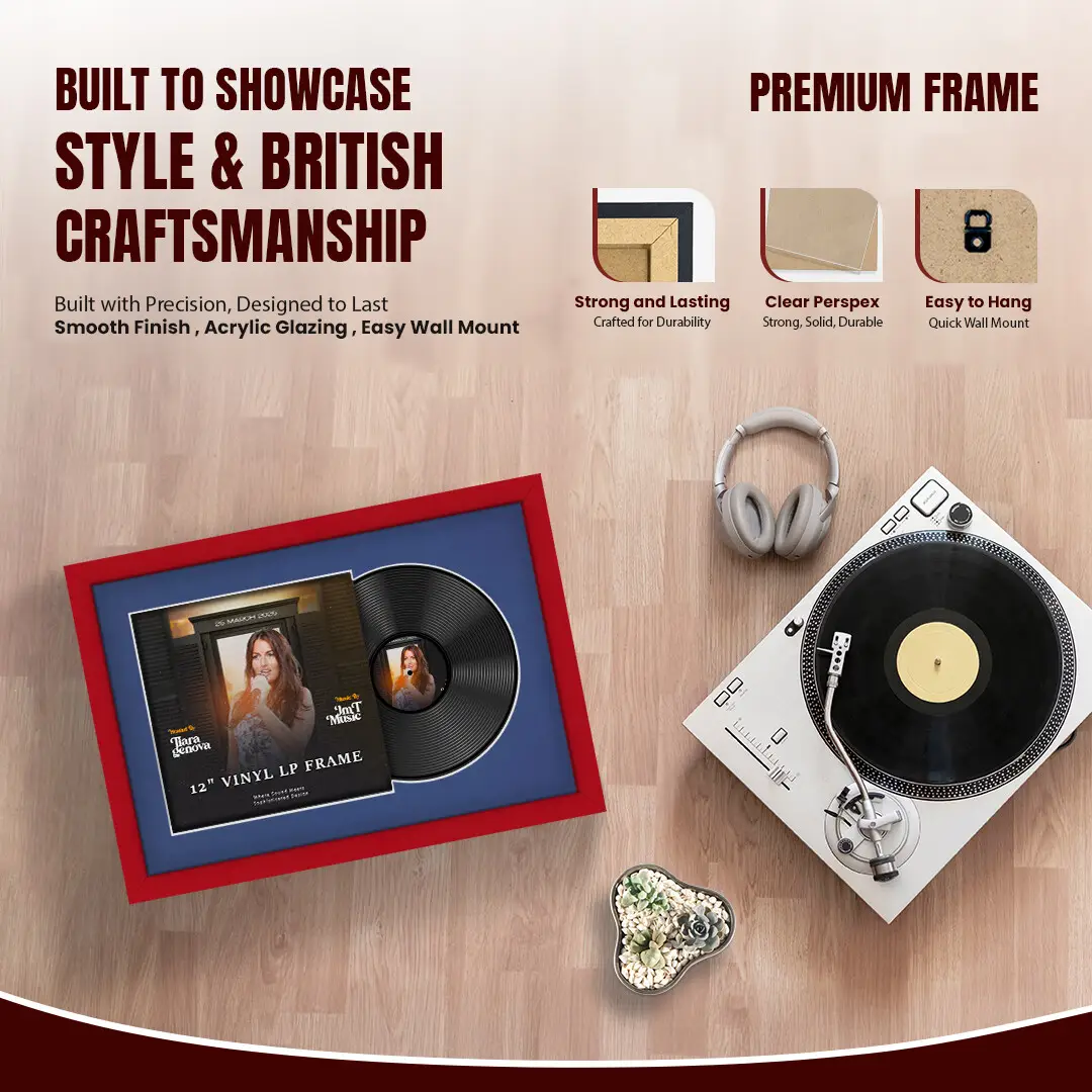 25x17" Modern Red Vinyl Record Frame For 12 Inch LP Cover & Disc (Overlapped) With Blue Mount | Elegant Music Display thumbnail 2