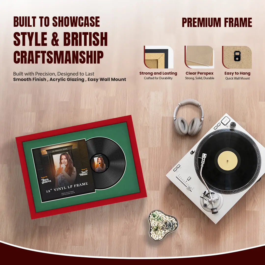 25x17" Modern Red Vinyl Record Frame For 12 Inch LP Cover & Disc (Overlapped) With Emerald (Green) Mount | Elegant Music Display thumbnail 2