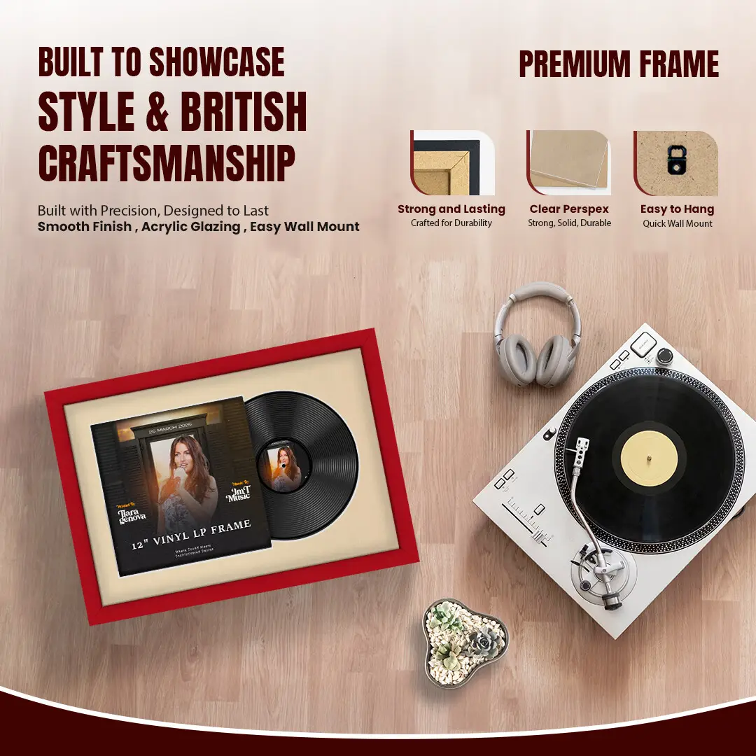 25x17" Modern Red Vinyl Record Frame For 12 Inch LP Cover & Disc With Ivory Mount | Overlapped Vinyl Display thumbnail 2