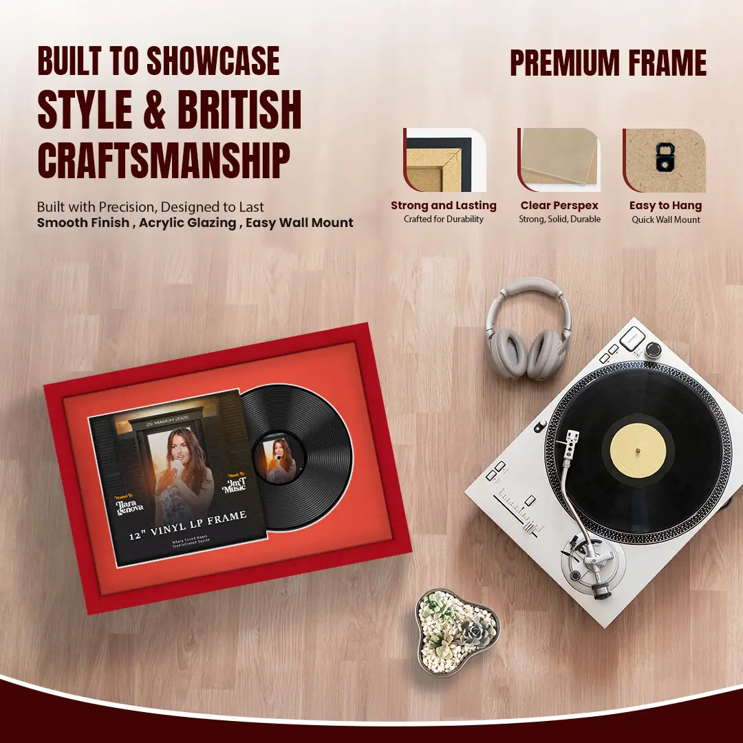 25x17" Modern Red Vinyl Record Frame For LP Cover & Disc With Poppy Red Mount | Overlapped Display thumbnail 2