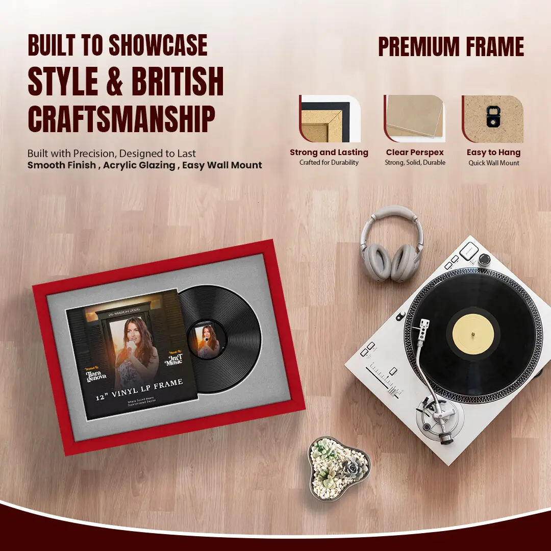 25x17" Modern Red Vinyl Record Frame For 12 Inch LP Cover & Disc (Overlapped) With Silver Mount | Elegant Music Display thumbnail 2