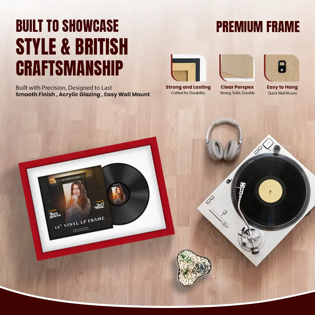 25x17" Modern Red Vinyl Record Frame For 12 Inch LP Cover & Disc (Overlapped) With Ice White Mount | Elegant Music Display thumbnail 2