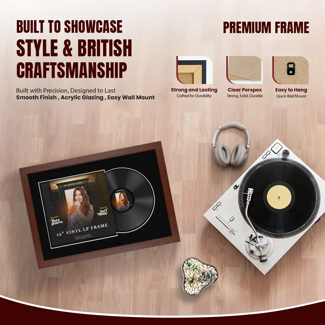 25x17" Modern Rose Wood Vinyl Record Frame For 12 Inch LP Cover & Disc (Overlapped) With Black Mount | Elegant Music Display thumbnail 2