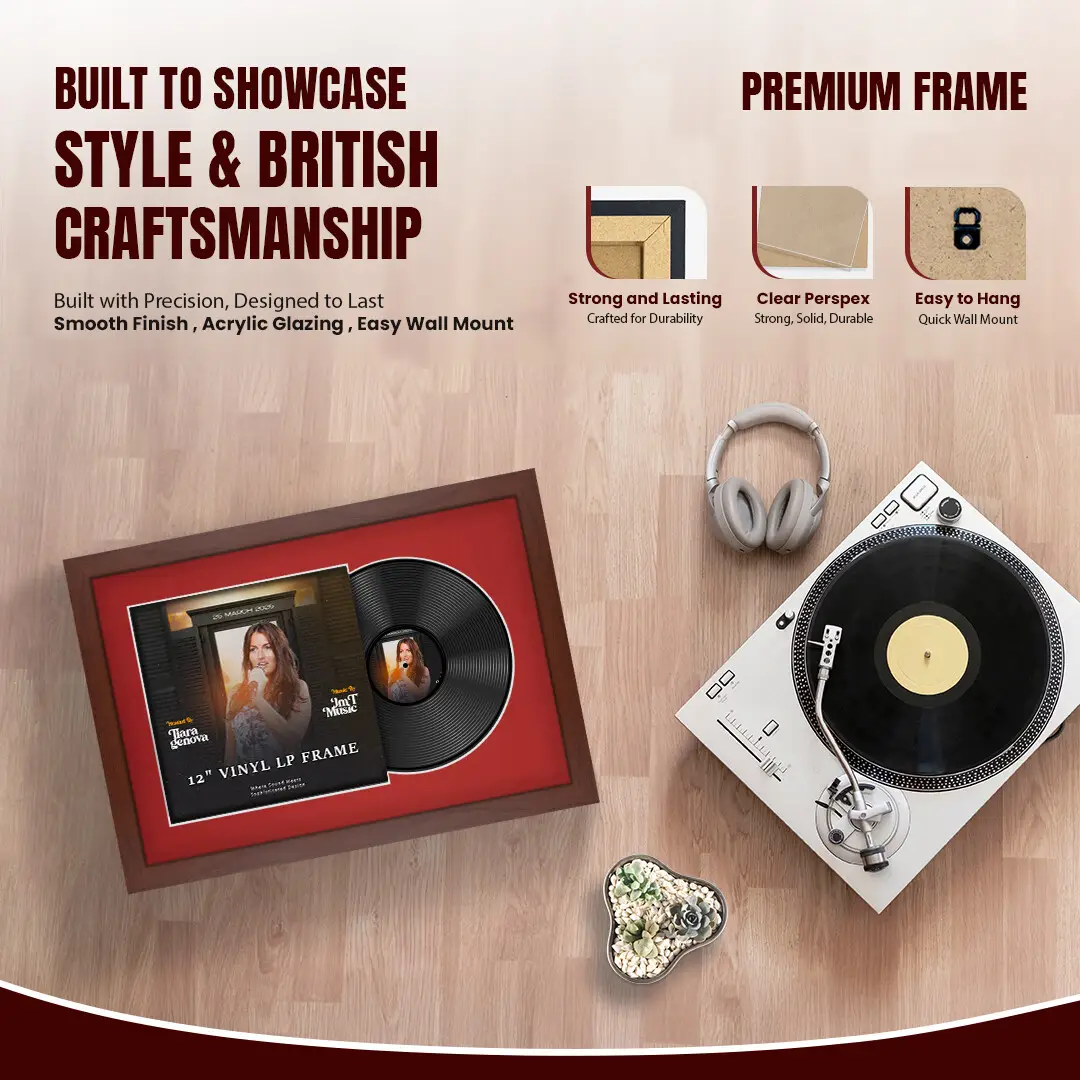 25x17" Modern Rose Wood Vinyl Record Frame For 12 Inch LP Cover & Disc With Crimson Mount | Overlapped Vinyl Display thumbnail 2