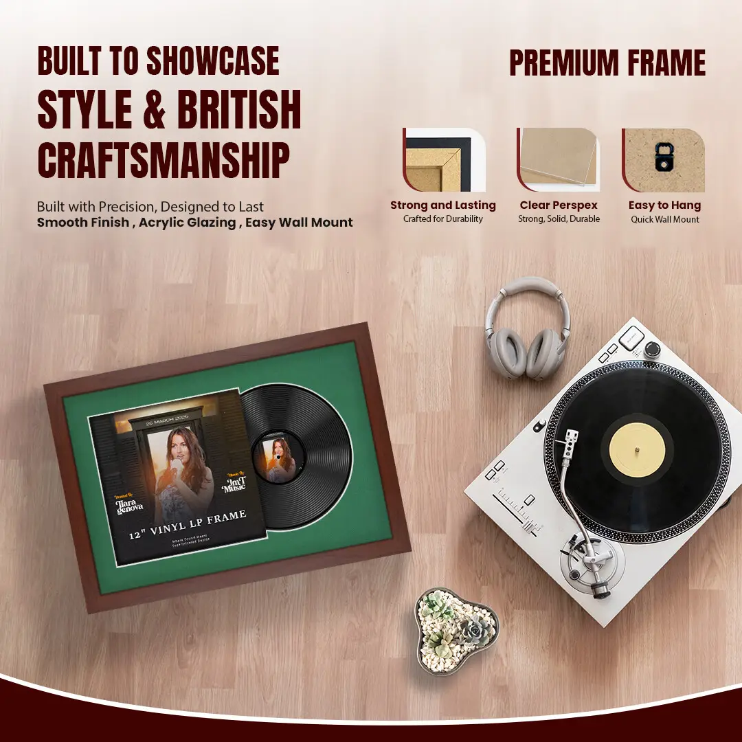 25x17" Modern Rose Wood Vinyl Record Frame For 12 Inch LP Cover & Disc (Overlapped) With Emerald (Green) Mount | Elegant Music Display thumbnail 2