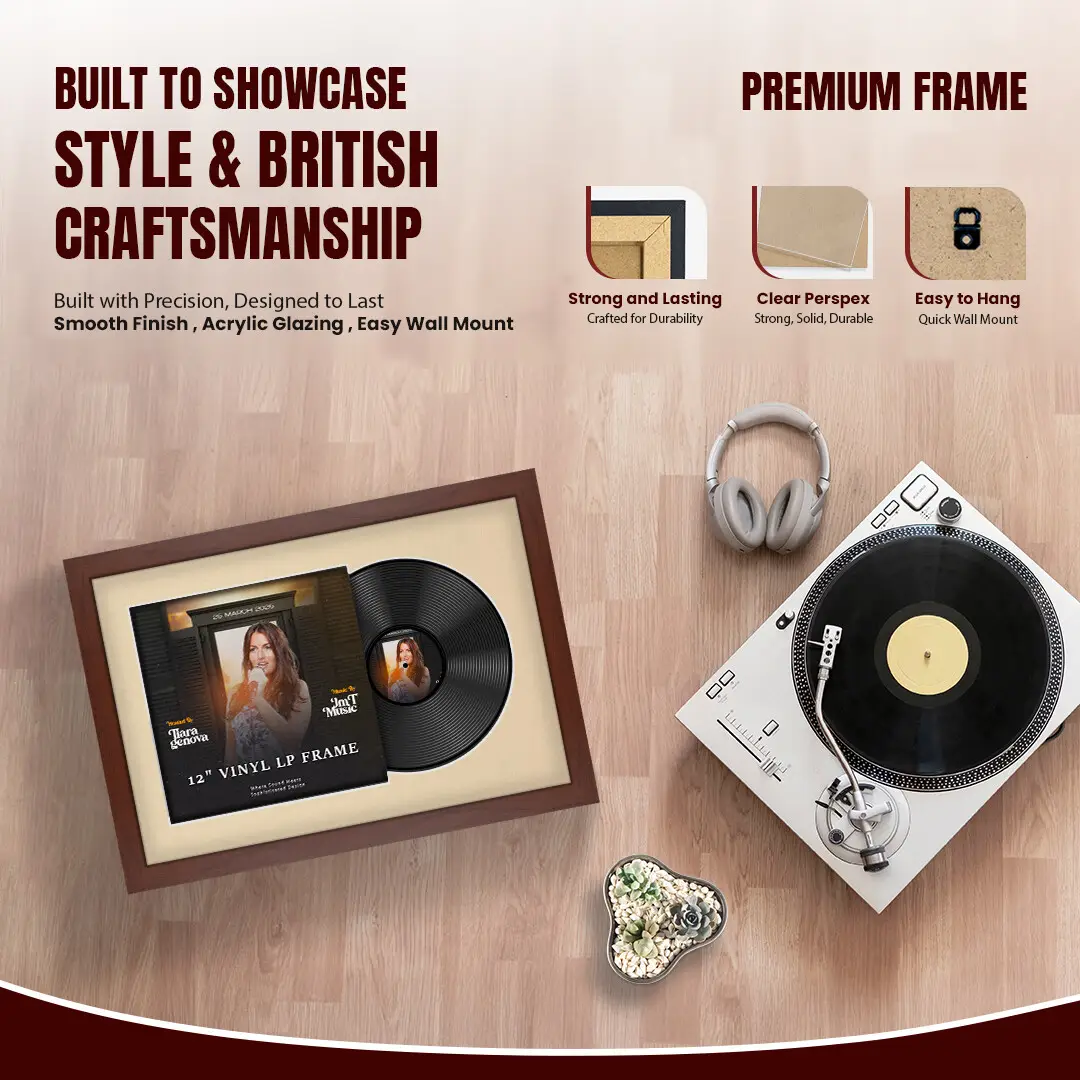 25x17" Modern Rose Wood Vinyl Record Frame For 12 Inch LP Cover & Disc (Overlapped) With Ivory Mount | Elegant Music Display thumbnail 2