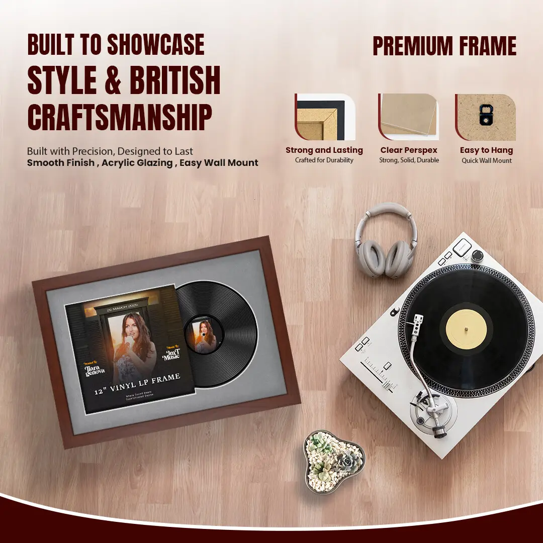 25x17" Modern Rose Wood Vinyl Record Frame For 12 Inch LP Cover & Disc With Mid Grey Mount | Overlapped Vinyl Display thumbnail 2