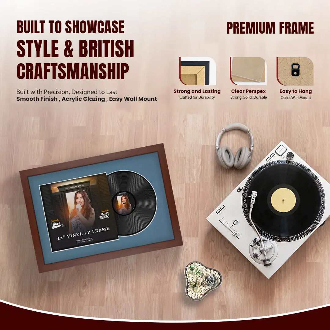 25x17" Modern Rose Wood Vinyl Record Frame For 12 Inch LP Cover & Disc With Pompador Mount | Overlapped Vinyl Display thumbnail 2