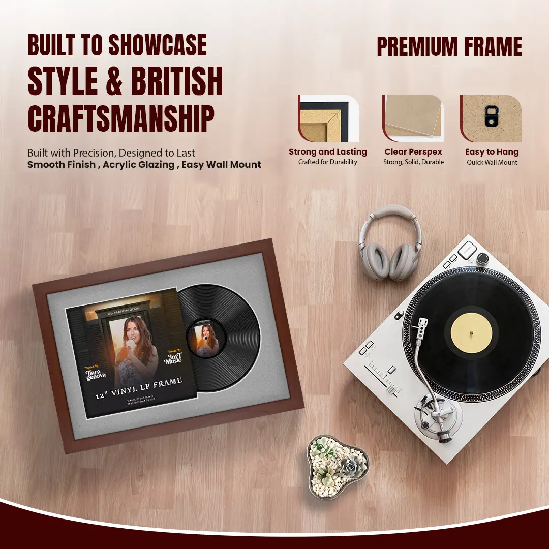 25x17" Modern Rose Wood Vinyl Record Frame For 12 Inch LP Cover & Disc With Silver Mount | Overlapped Vinyl Display thumbnail 2
