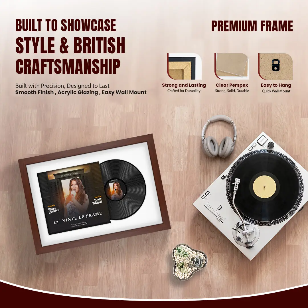 25x17" Modern Rose Wood Vinyl Record Frame For 12 Inch LP Cover & Disc (Overlapped) With Ice White Mount | Elegant Music Display thumbnail 2