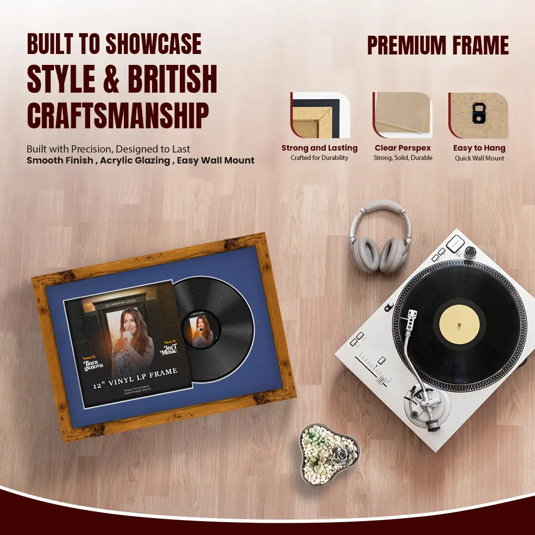 25x17" Modern Rustic Oak Vinyl Record Frame For 12 Inch LP Cover & Disc With Blue Mount | Overlapped Vinyl Display thumbnail 2