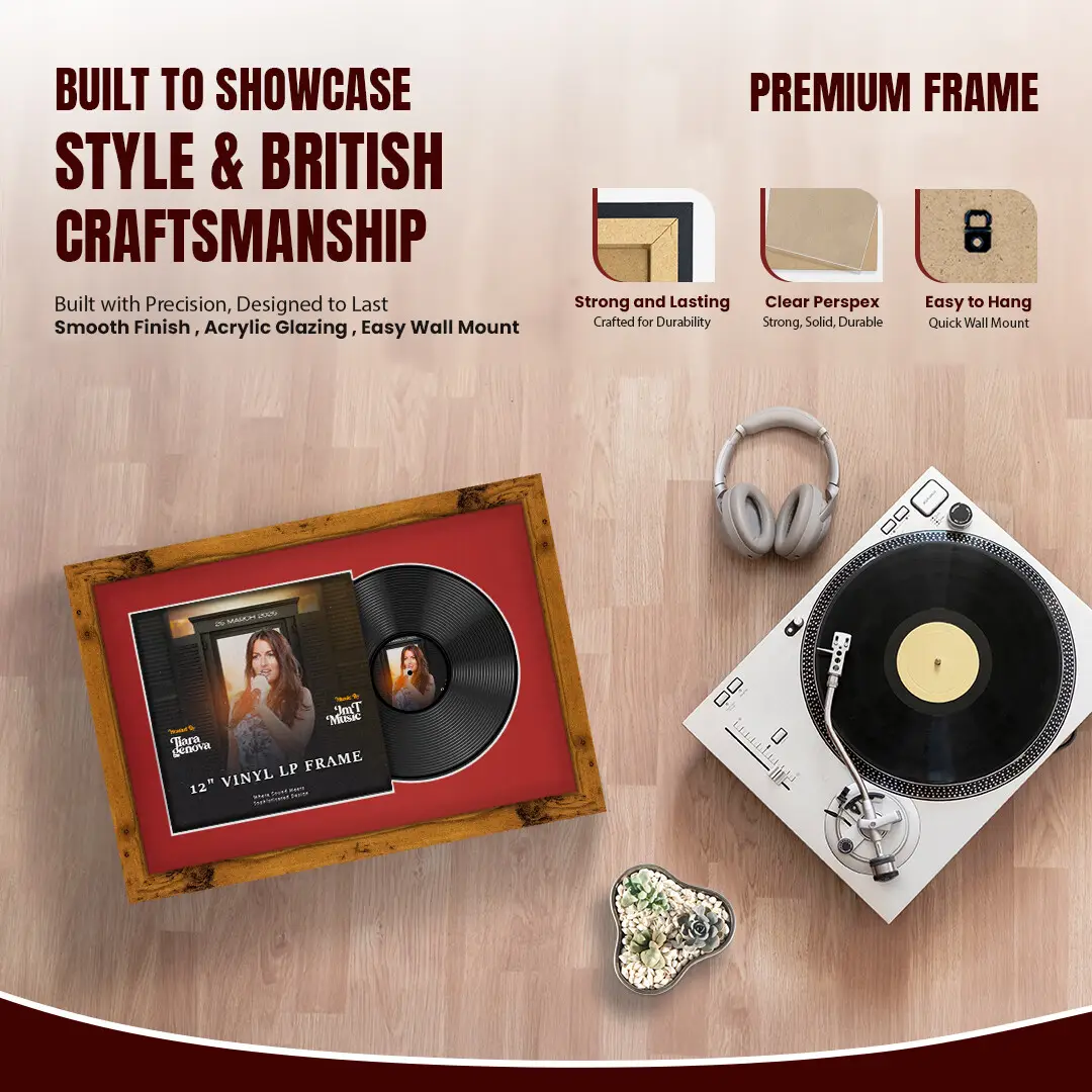 25x17" Modern Rustic Oak Vinyl Record Frame For 12 Inch LP Cover & Disc With Crimson Mount | Overlapped Vinyl Display thumbnail 2