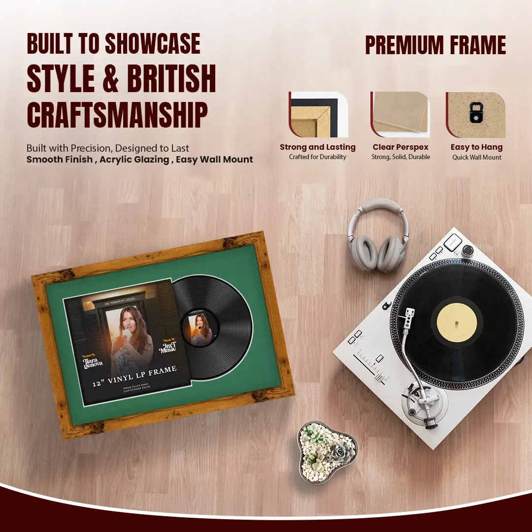 25x17" Modern Rustic Oak Vinyl Record Frame For LP Cover & Disc With Emerald (Green) Mount | Overlapped Display thumbnail 2