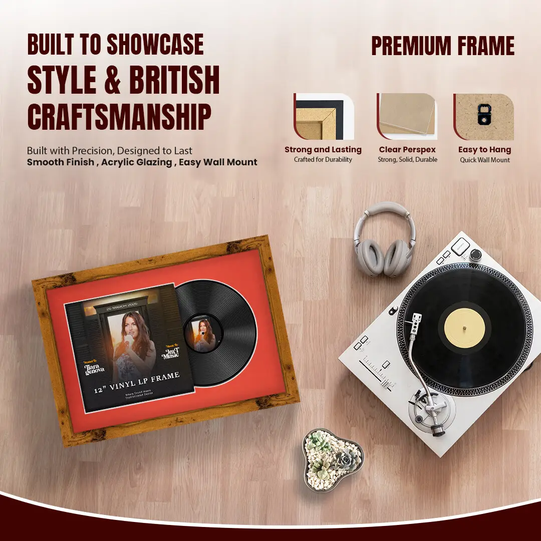 25x17" Modern Rustic Oak Vinyl Record Frame For 12 Inch LP Cover & Disc (Overlapped) With Poppy Red Mount | Elegant Music Display thumbnail 2
