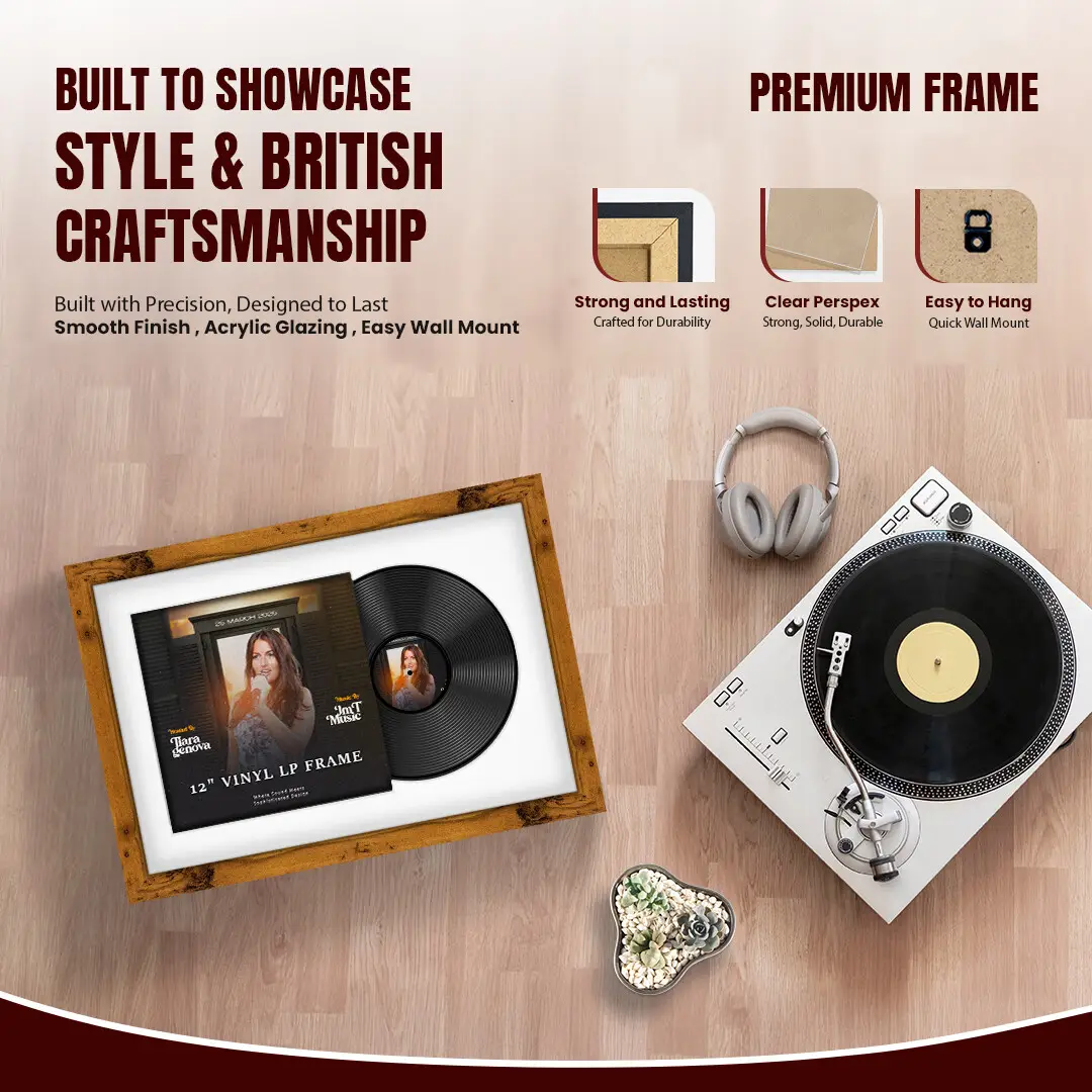 25x17" Modern Rustic Oak Vinyl Record Frame For LP Cover & Disc With Ice White Mount | Overlapped Display thumbnail 2