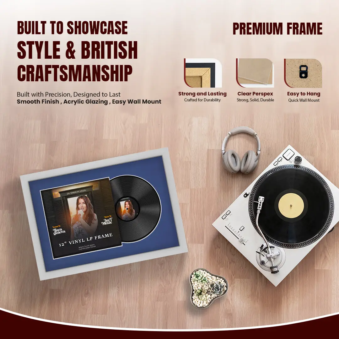 25x17" Modern Silver Vinyl Record Frame For LP Cover & Disc With Blue Mount | Overlapped Display thumbnail 2