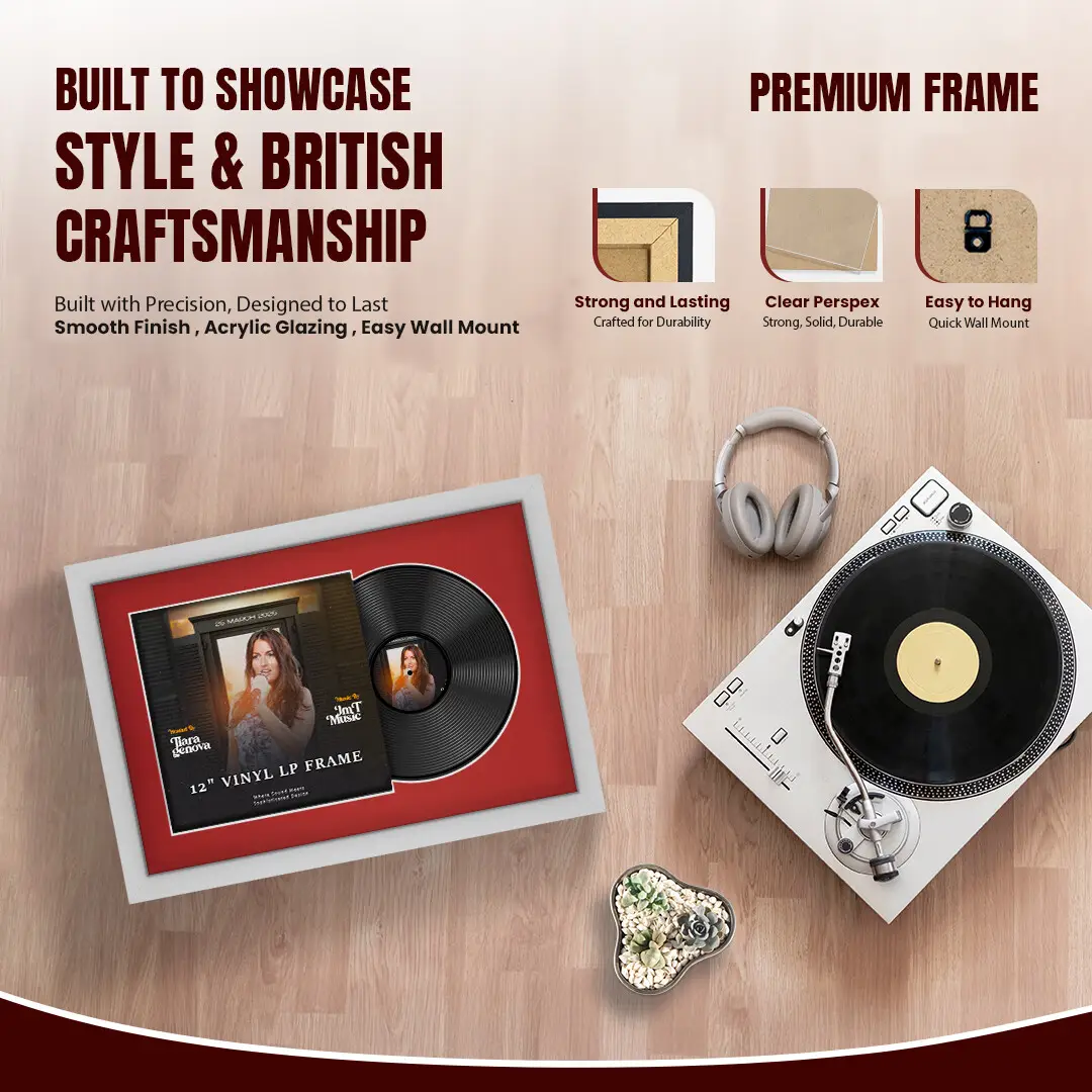 25x17" Modern Silver Vinyl Record Frame For 12 Inch LP Cover & Disc With Crimson Mount | Overlapped Vinyl Display thumbnail 2