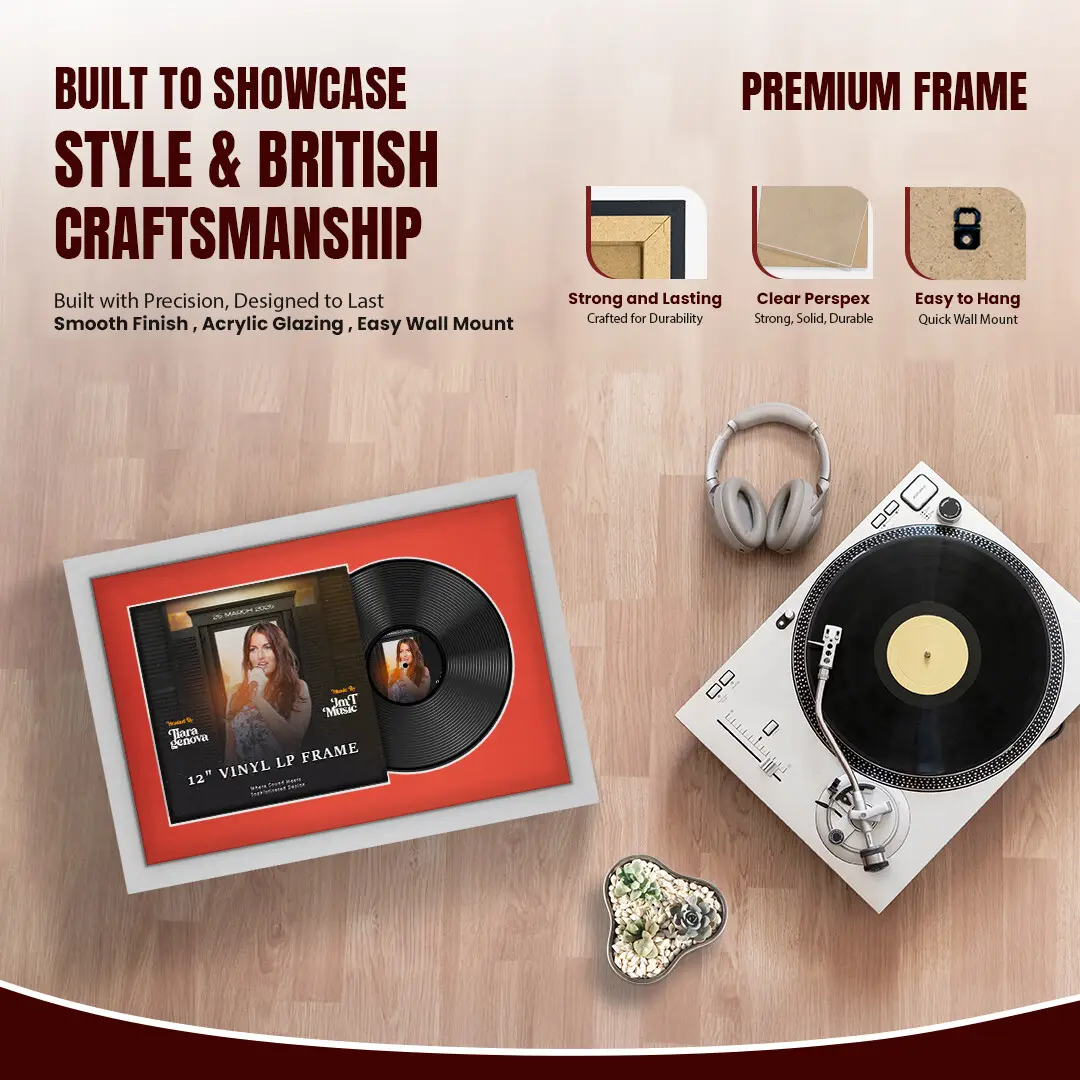 25x17" Modern Silver Vinyl Record Frame For 12 Inch LP Cover & Disc (Overlapped) With Poppy Red Mount | Elegant Music Display thumbnail 2