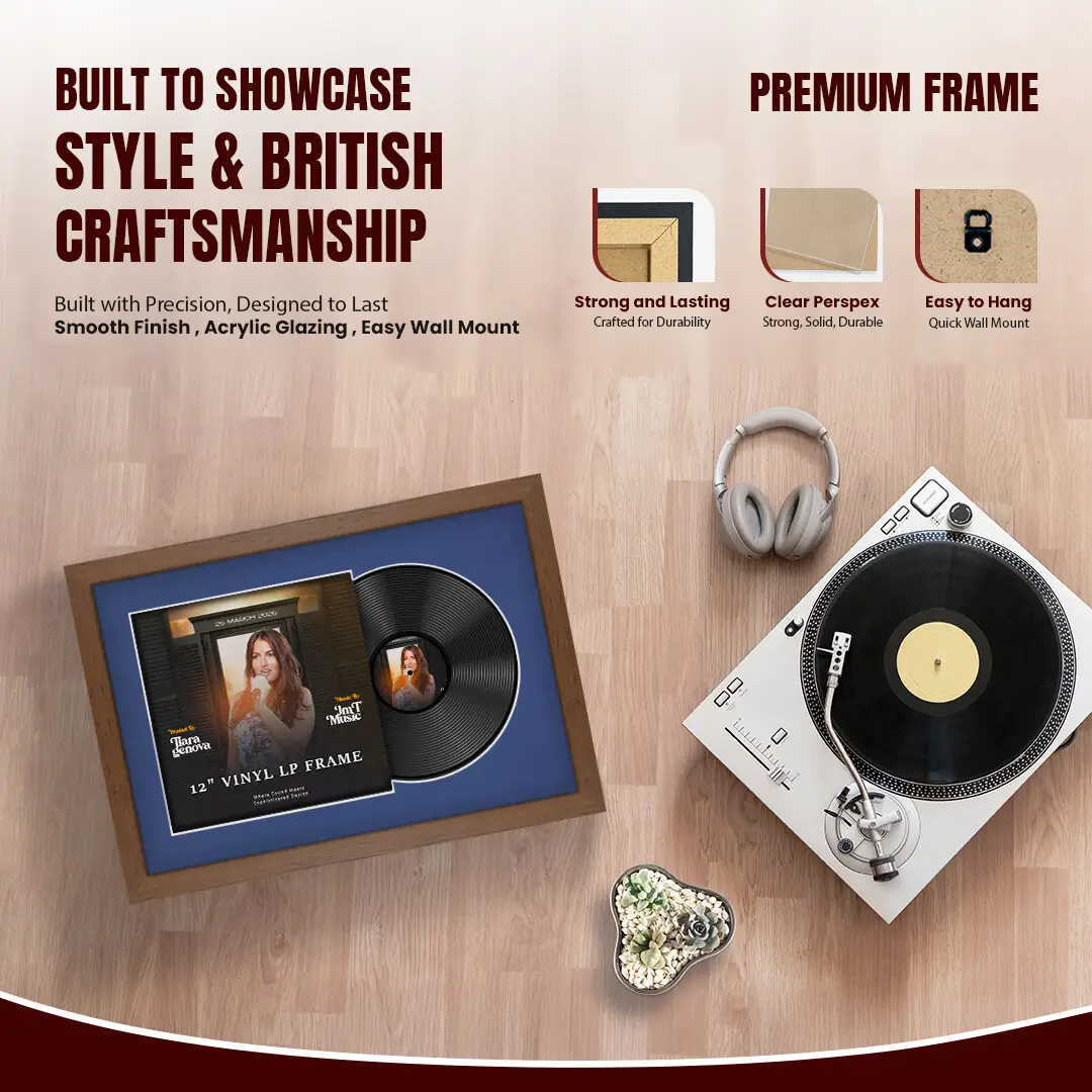 25x17" Modern Walnut Vinyl Record Frame For 12 Inch LP Cover & Disc (Overlapped) With Blue Mount | Elegant Music Display thumbnail 2