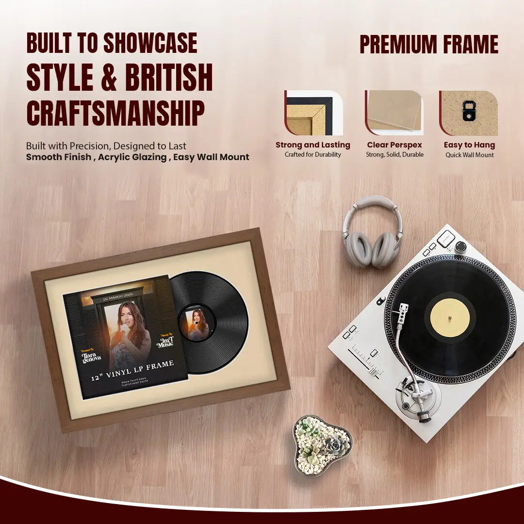 25x17" Modern Walnut Vinyl Record Frame For 12 Inch LP Cover & Disc (Overlapped) With Ivory Mount | Elegant Music Display thumbnail 2