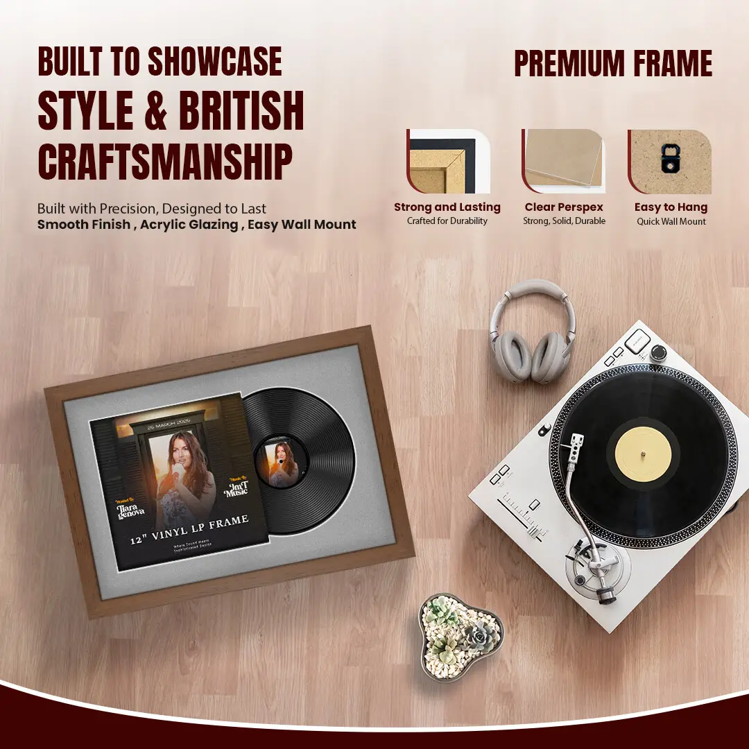 25x17" Modern Walnut Vinyl Record Frame For 12 Inch LP Cover & Disc (Overlapped) With Silver Mount | Elegant Music Display thumbnail 2